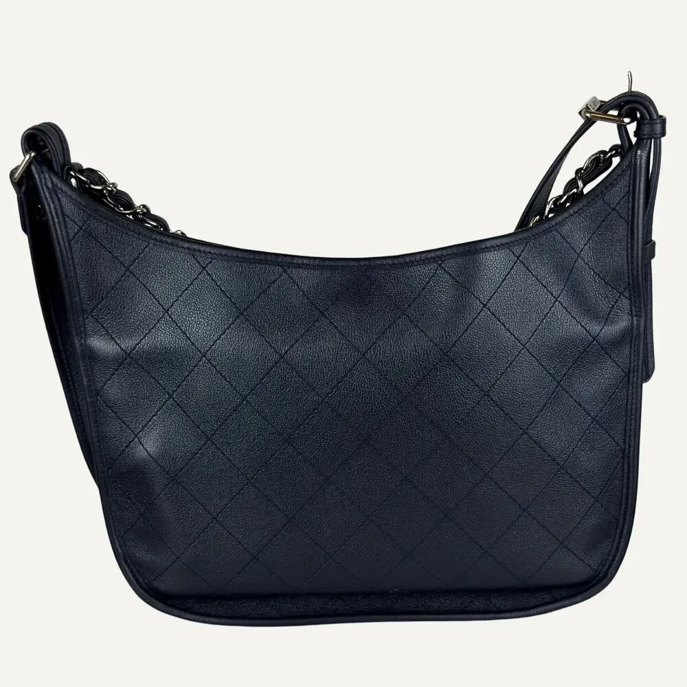 Chanel Jungle Stroll Hobo Bag Black Quilted Leather Silver CC Chain Strap Navy
